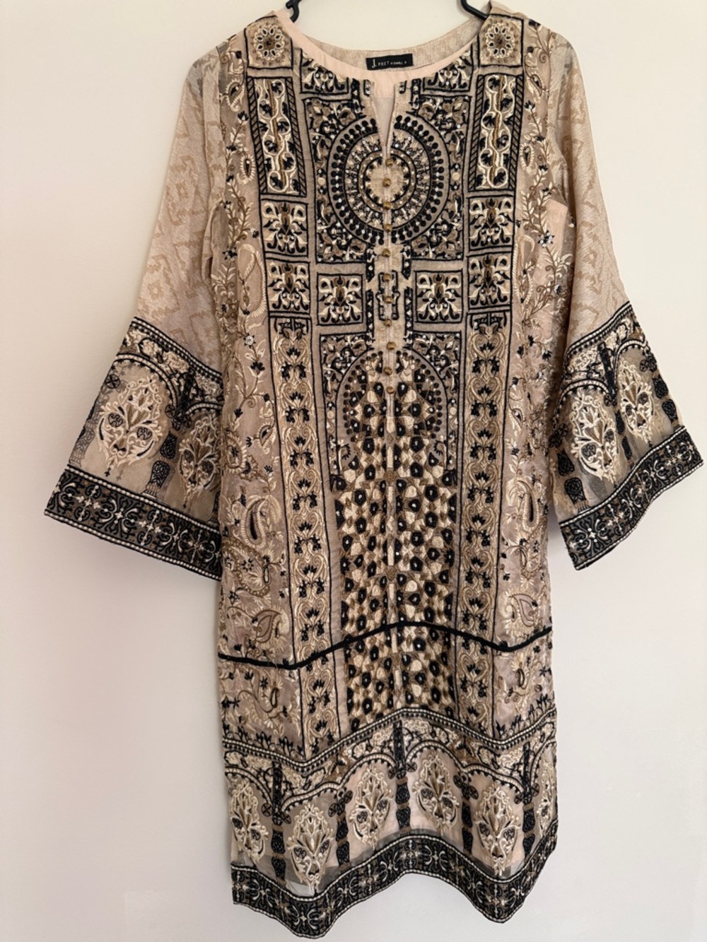 Pakistani Embroidered Beige and Black Dress